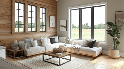 Cozy Farmhouse-Inspired Living Room Interior Design Concept Featuring Warm Wooden Accents, Natural Light and a Relaxing Atmosphere AI Generated Design
