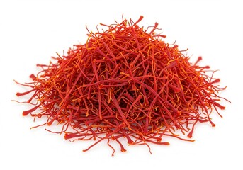 Naklejka premium Pile of vibrant red saffron threads on a white background, showcasing the spice's rich color