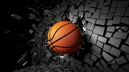 Dynamic 3D Illustration of a Basketball Shattering Through a Black Wall