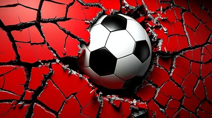 Dynamic 3D Illustration of a Soccer Ball Forcefully Breaking Through a Red Wall