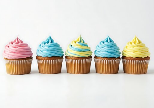 Five cupcakes with colorful frosting in a row view