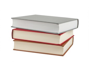 Stack of three hardcover books in gray, red, and brown isolated on white background