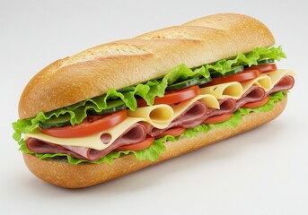 Delicious submarine sandwich with ham cheese and fresh vegetables on a white background