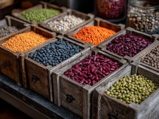 A variety of dried beans and lentils in rustic wooden bins.  A colorful and healthy display of legumes.