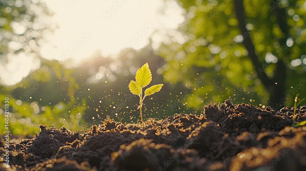 Poster sprout emerges in sunlight. tiny particles float around