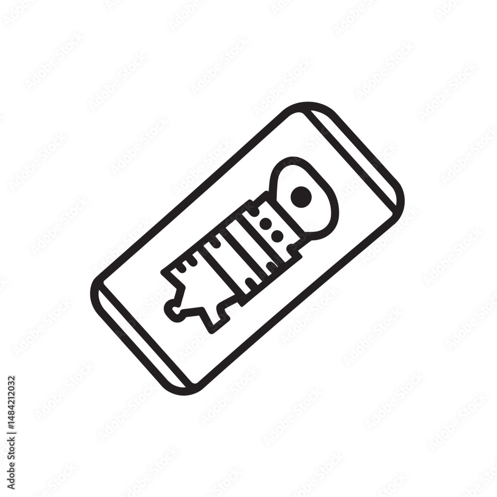 Poster black outline shows a schematic drawing of retro syringe in rectangle with transparency