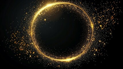 Golden Glittering Circle of Light Shimmering Sparkles and Spark Particles Create a Magical Christmas Glow on a Black Background