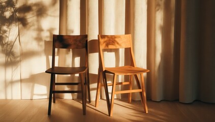 Two wooden chairs in warm sunlight against curtains.