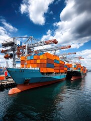 Fototapeta premium Container ships docked at a busy port, loaded with colorful shipping containers under cranes and a vibrant sky.