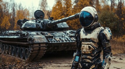 Fototapeta premium Advanced military technology featuring a robot and tank.
