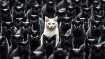 Visual metaphor of individuality against conformity with a white cat.