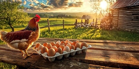 Beautiful chicken farm landscape under a bright sky backdrop.