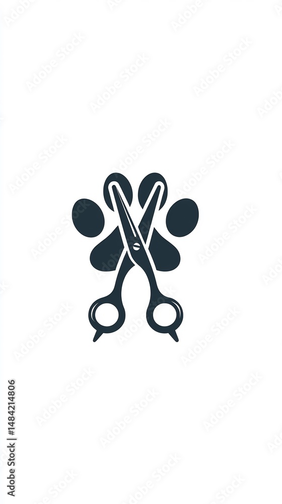 Poster stylized pet grooming icon featuring scissors and paw print for design use