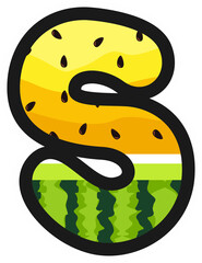 Cartoon alphabet letter S in yellow watermelon style with rind and seeds. Great for summer, kids themes, fruity designs, and fun food projects. Transparent background PNG.