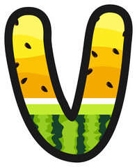 Cartoon alphabet letter V in yellow watermelon style with rind and seeds. Great for summer, kids themes, fruity designs, and fun food projects. Transparent background PNG.