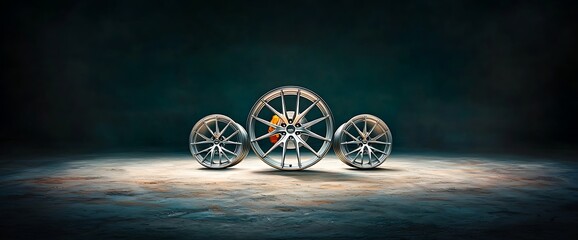Three silver alloy wheels display on concrete backdrop. Center wheel reveals a brake caliper