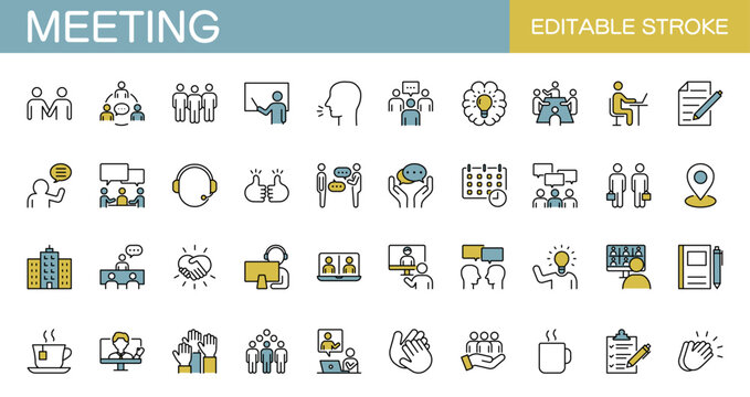 Colored meeting icon set. Business, teamwork, communication, management, discussion, etc. Editable stroke. Vector illustration