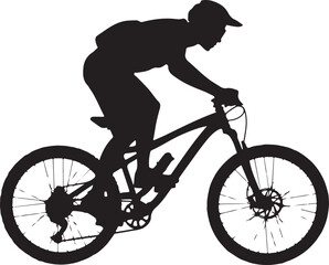 Naklejka premium Mountain Biker in Action SilhouetteOff-Road Cycling Adventure VectorExtreme Downhill MTB SceneMountain Bike Rider Jumping SilhouetteCyclist on Rocky Trail Vector Design