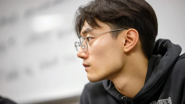 Close Up Portrait of a Young Asian Man with Glasses in a Black Hoodie with Blurred Background in a Classroom Setting