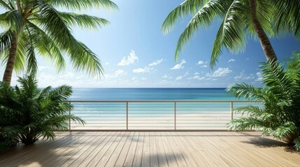 Sunlit Wooden Balcony Patio with Coconut Tree View - Interior Mockup of a Summer Paradise