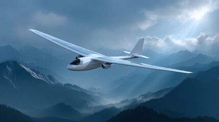 SolarPowered Aircraft Soaring Above Majestic Mountain Range at Dawn