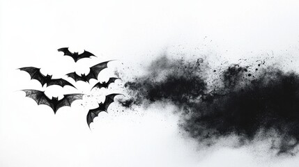 Black smoke swirls elegantly around a group of flying bats.