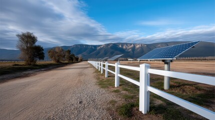 Fototapeta premium Rural landscape with solar panels white fence gravel road and mountain backdrop under a partly cloudy sky