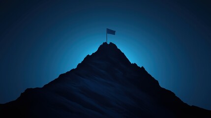 Mountain peak with flag at summit, symbolizing achievement and triumph