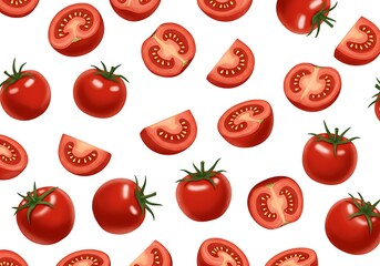 Pattern of whole and sliced tomatoes on a white background