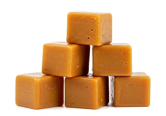 A stack of seven caramel cubes on a white background