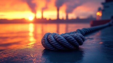 Tied rope at dawn, industrial backdrop