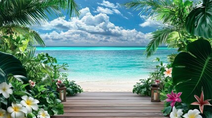 Fototapeta premium Summer beach setting highlighting attractive product display stands.