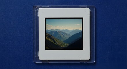 Fototapeta premium Stunning shot of a mountain range captured within a slide against a blue background.