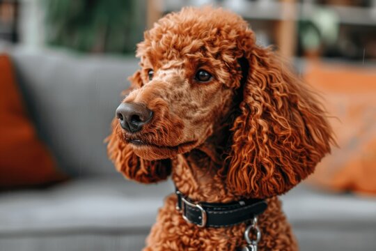 A curly-haired brown poodle wearing a black collar sits indoors on a couch, looking attentively to the side.