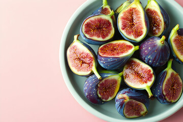 Freshly cut figs arranged in a light teal bowl.