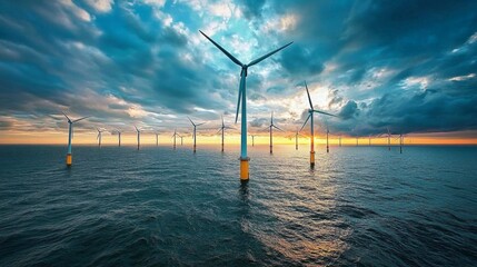 The integration of wind energy is portrayed with turbines spinning gracefully over the ocean.