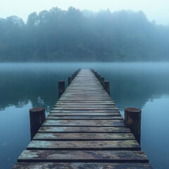 Dock stretching out into serene lake waters.