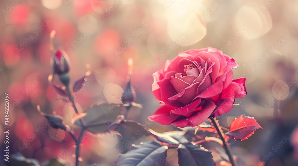 Poster close up view of a red rose bloom with delicate petals in sunlight bokeh background