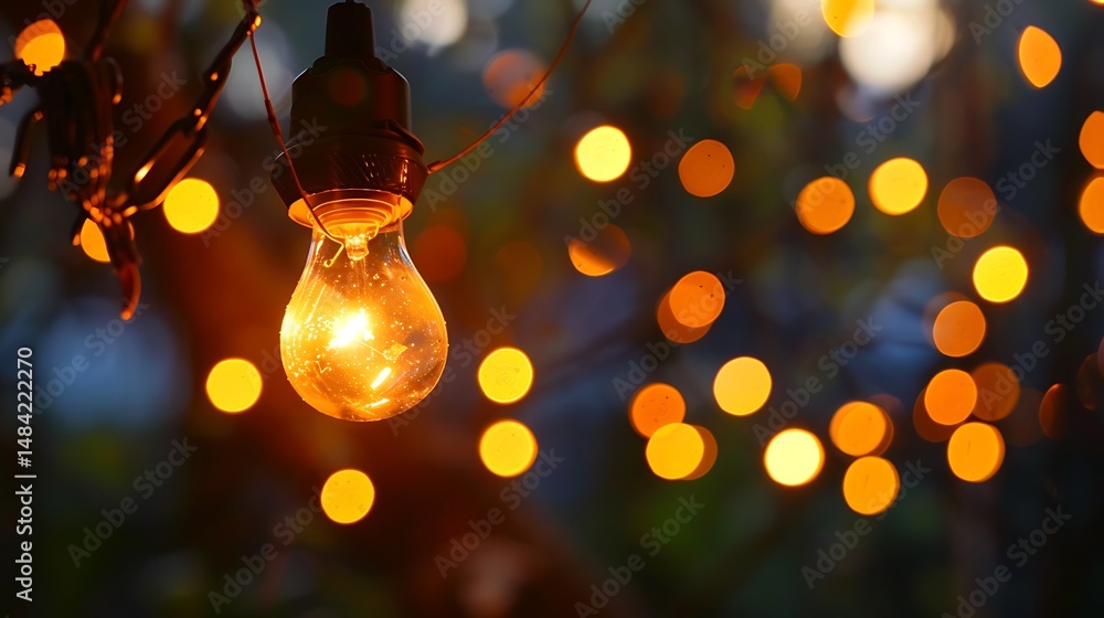 Poster close up view of illuminated lightbulb against bokeh background with golden yellow colors
