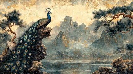 Peacock perched on a rocky outcrop overlooking a serene landscape