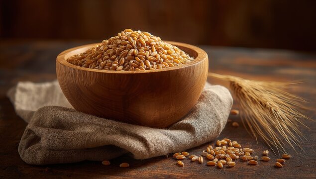 Wooden bowl filled with wheat grains on cloth.