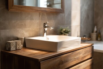 Fototapeta premium Elegant bathroom sink with wooden cabinet lit by soft natural light.