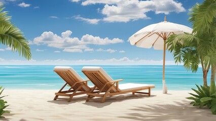 "Romantic Beach Chairs Under Umbrella at Sunset with Ocean View"