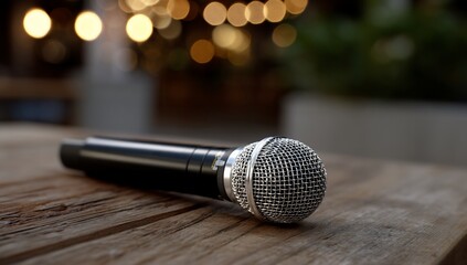 Obraz premium Outdoor microphone on wooden table