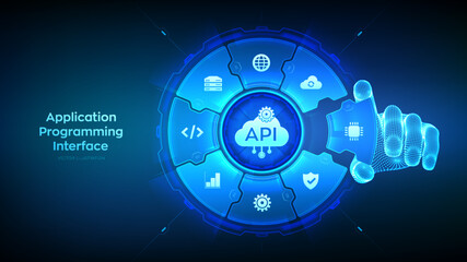 API. Application Programming Interface. Software development tool, cloud computing technology concept. Wireframe hand places an element into a composition visualizing API. Vector illustration.