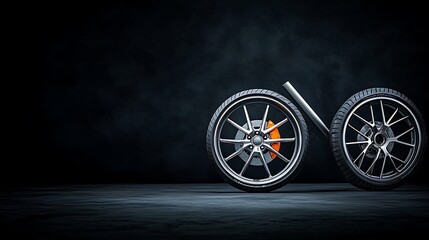 Two shiny car wheels linked like a bicycle, dramatic dark background