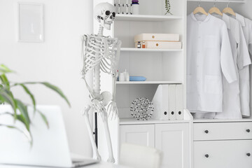 Interior of light hospital with human skeleton model and modern laptop on table