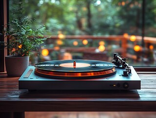 Retro turntable in a garden setting