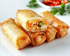 Crispy Vegetable Spring Rolls Close-up of Four Golden Fried Rolls, Showing Savory Vegetable Filling, Asian Cuisine Spring Rolls, Fried Food