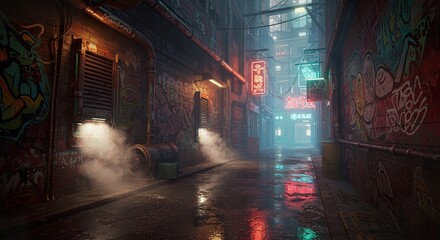 Damp cyber alley with graffiti-covered walls and neon signage reflecting
